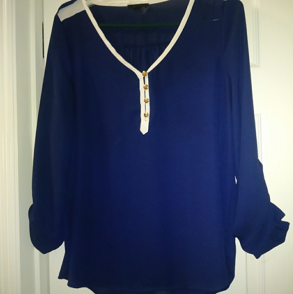 (2/$10) MINE NAVY BLUE AND CREAM BLOUSE SIZE L